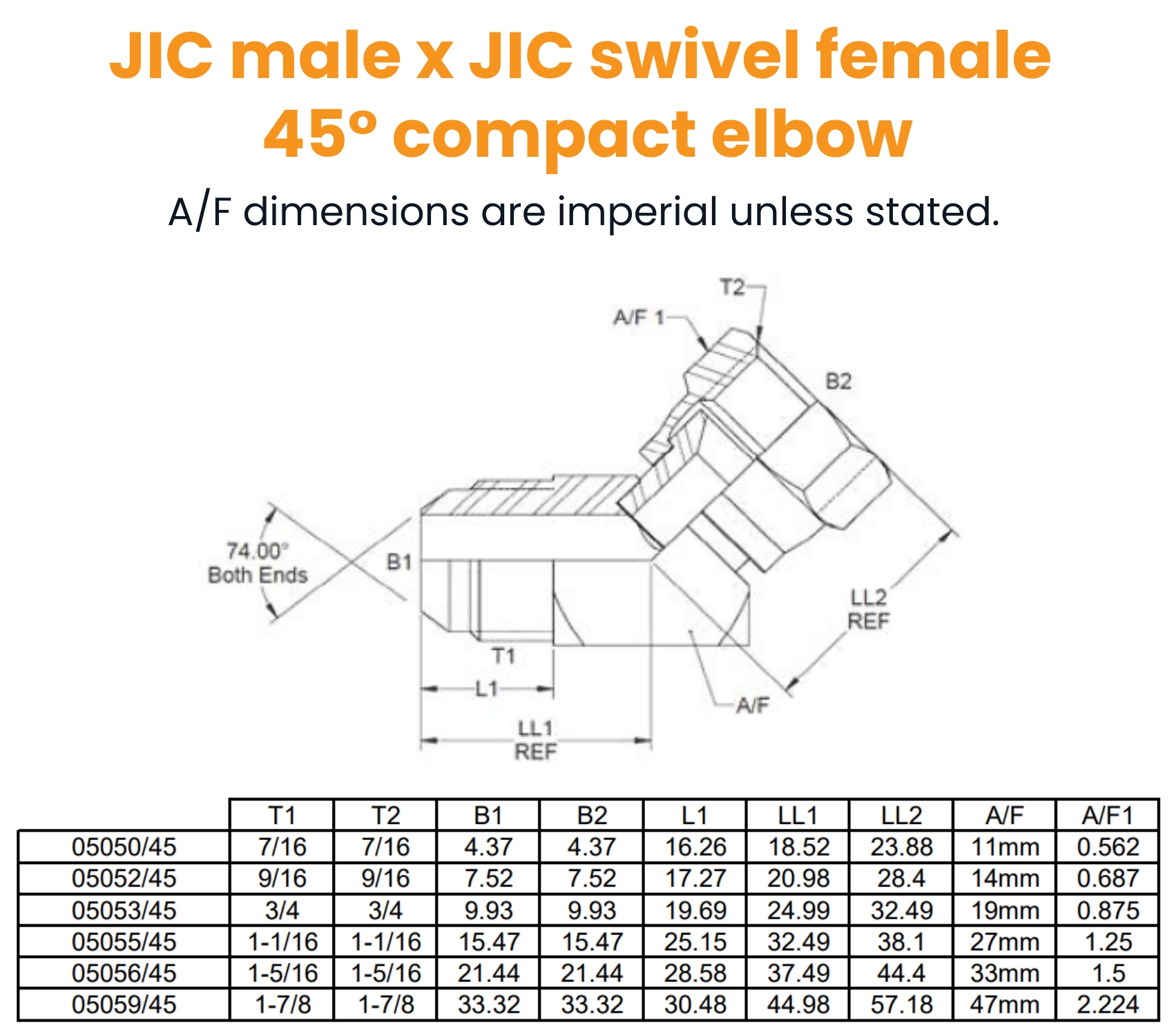 7/16 JIC M/F 45° Compact Hydraulic Adaptor